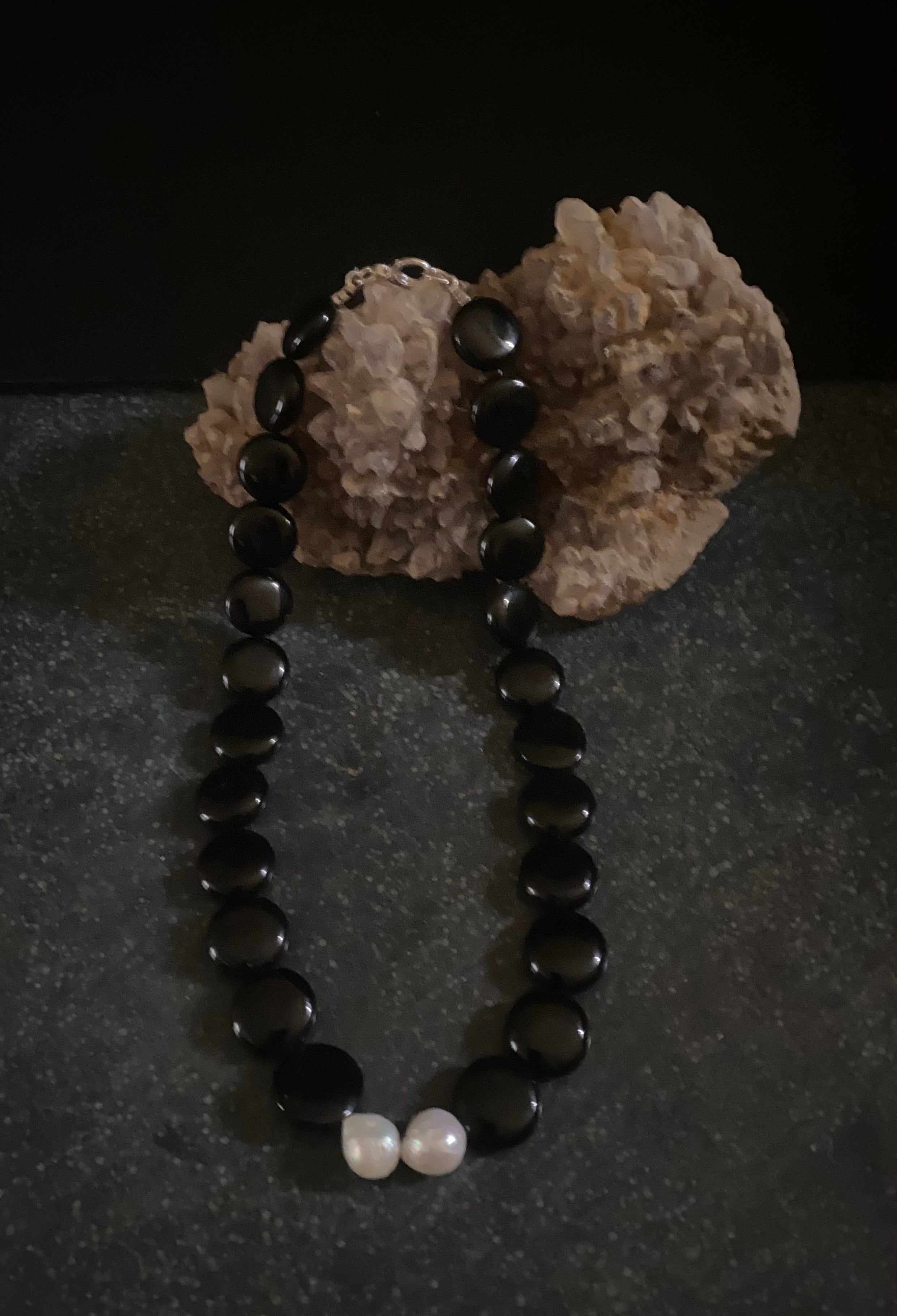Coin Onyx Necklace/Baroque Pearls